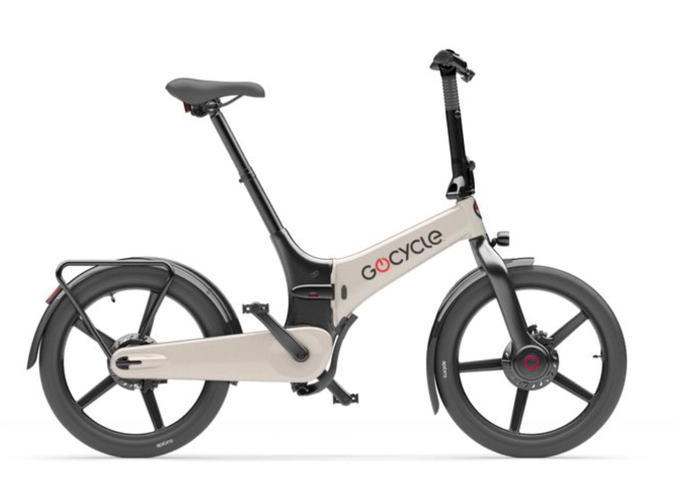 Vélo électrique pliant Gocycle G5 de profil, sur fond clair, studio