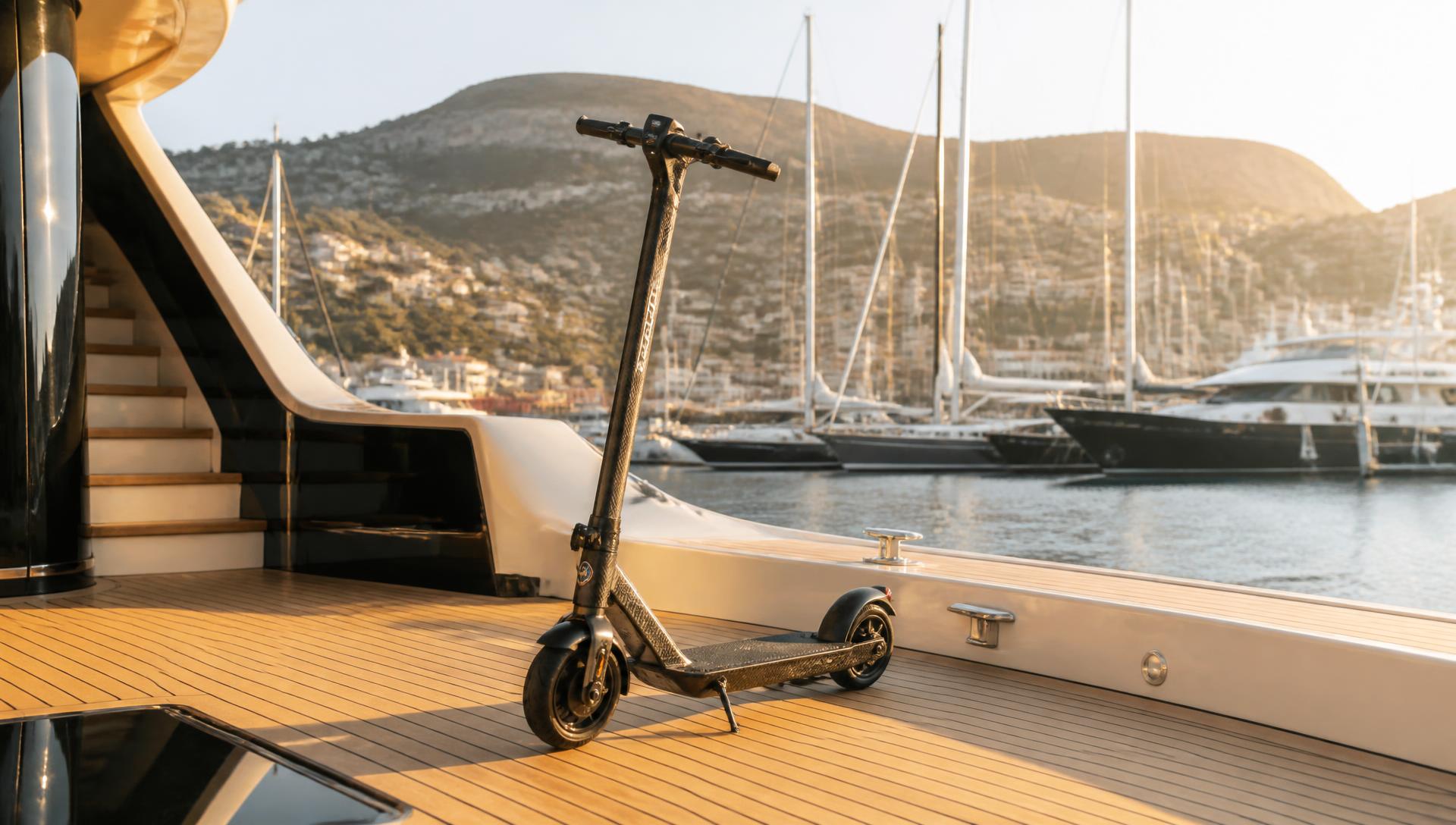 Trottinette électrique Urban Native T9 sur une promenade en bord de mer, yachts à l'arrière-plan